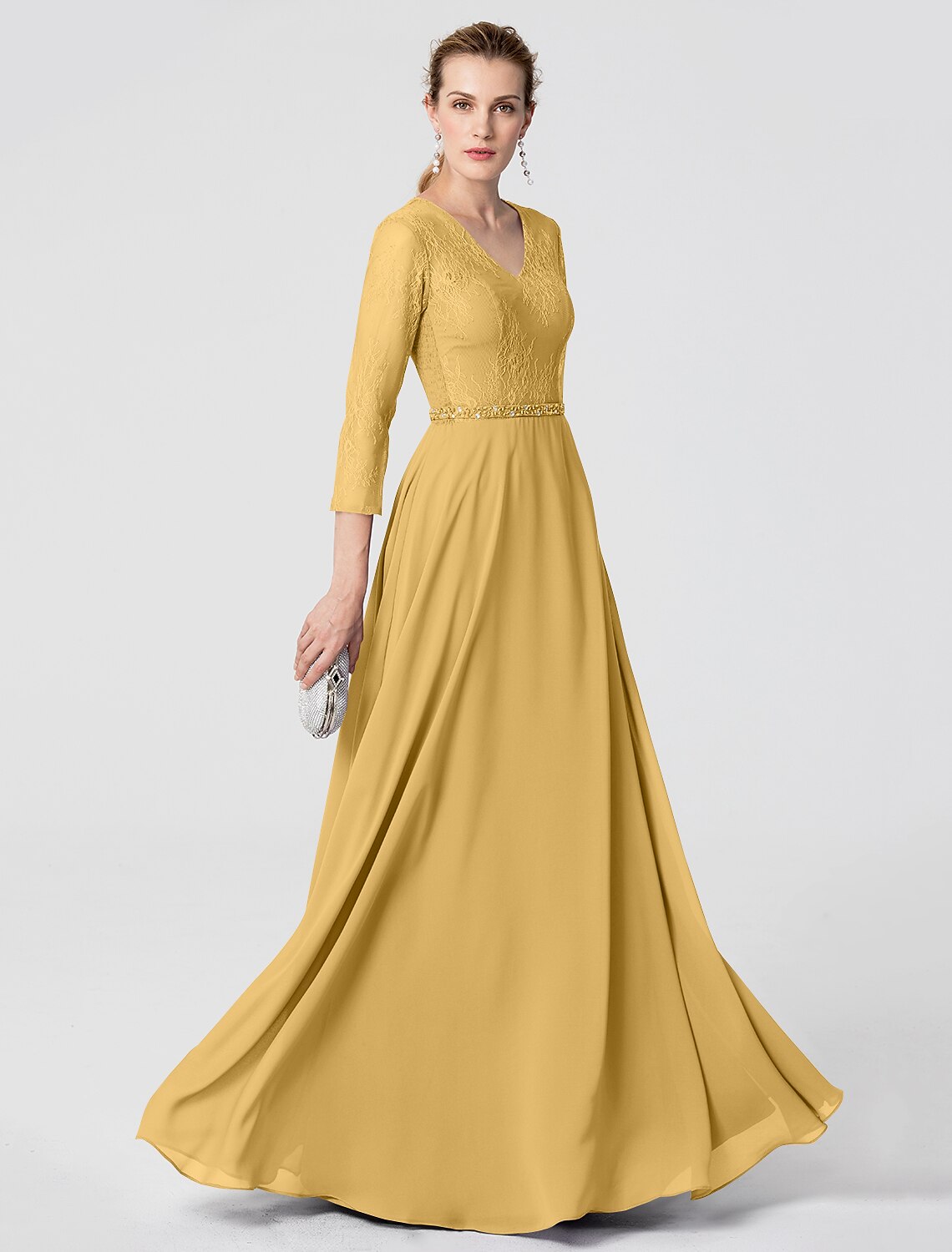 A-Line Elegant Holiday Cocktail Party Formal Evening Dress V Neck 3/4 Length Sleeve Floor Length Chiffon Lace with Sash / Ribbon Beading