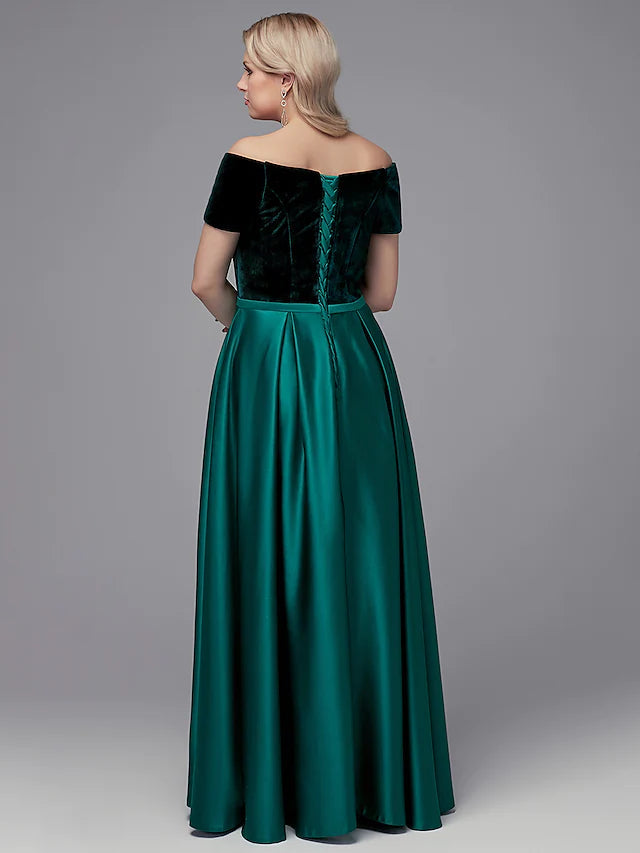 A-Line Special Occasion Dresses Elegant Dress Wedding Guest Floor Length Short Sleeve Off Shoulder Satin