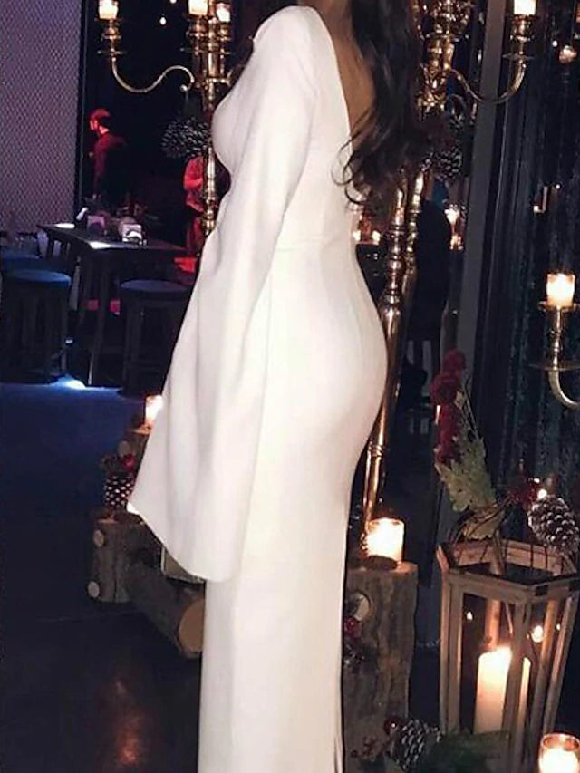 Sheath / Column Cocktail Dresses Party Dress Holiday Tea Length Long Sleeve Jewel Neck Jersey Backless with Sleek