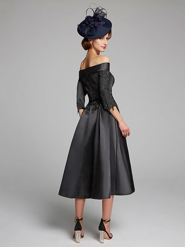 A-Line Mother of the Bride Dress Plus Size Sexy Off Shoulder Tea Length Satin Lace 3/4 Length Sleeve