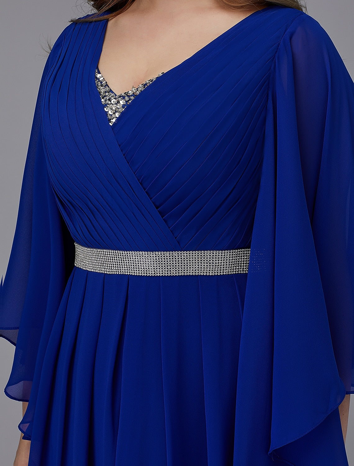 A-Line Plus Size Dress Wedding Guest Formal Evening Floor Length Long Sleeve V Neck Chiffon Lace-up with Crystals