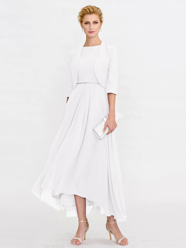 Two Piece Ball Gown A-Line Mother of the Bride Dress Formal Church Convertible Dress High Low See Through Illusion Neck Asymmetrical Chiffon Lace 3/4 Length Sleeve