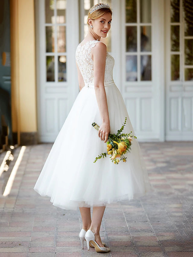 Little White Dresses Wedding Dresses Tea Length A-Line Sleeveless Illusion Neck Lace With Sashes / Ribbons
