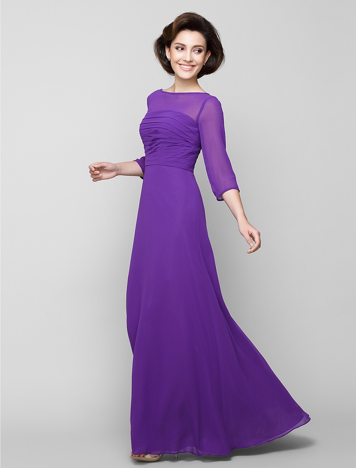 A-Line Mother of the Bride Dress Elegant Scoop Neck Ankle Length Chiffon 3/4 Length Sleeve