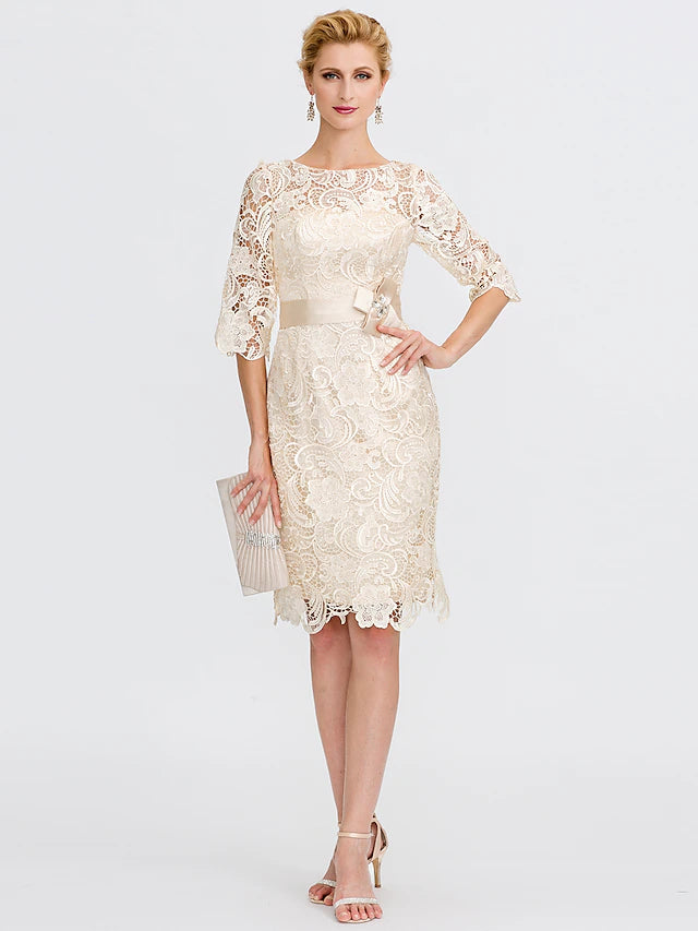 Sheath / Column Mother of the Bride Dress Formal Wedding Guest Plus Size Elegant Illusion Neck Knee Length All Over Lace 3/4 Length Sleeve