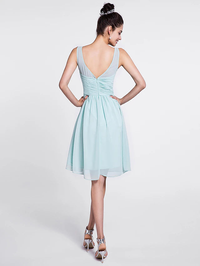A-Line Bridesmaid Dress Scoop Neck Sleeveless Knee Length Chiffon with Ruched / Draping A-Line Bridesmaid Dress Scoop Neck Sleeveless Knee Length Chiffon with Ruched Pure Color