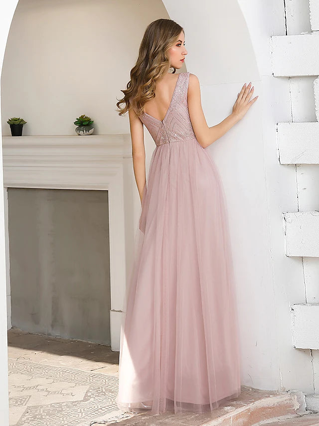 A-Line Evening Gown Elegant Dress Wedding Guest Floor Length Sleeveless V Neck Satin V Back with Sash / Ribbon