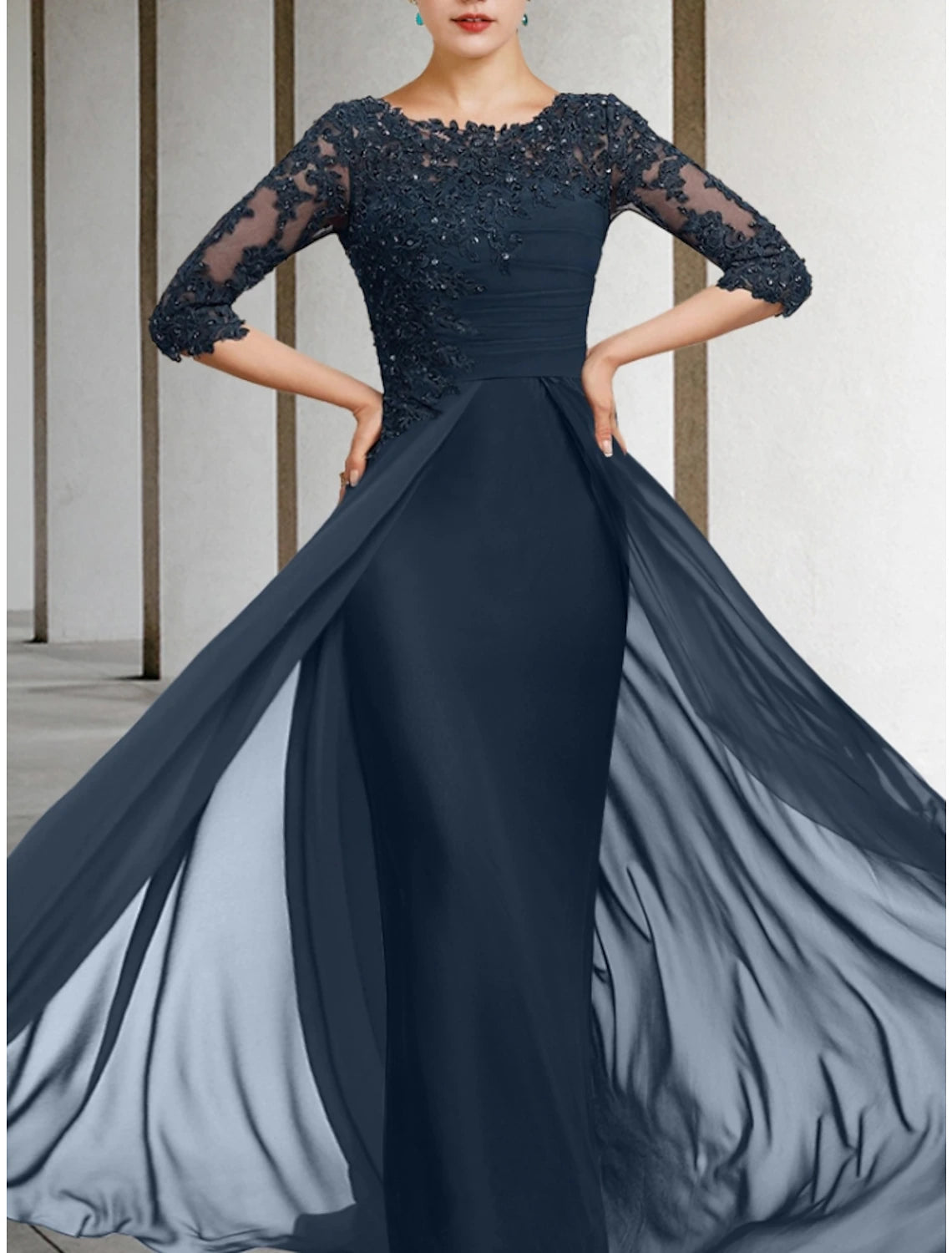 Sheath / Column Mother of the Bride Dress Wedding Guest Elegant Jewel Neck Floor Length Chiffon Lace Half Sleeve with Sequin Ruching
