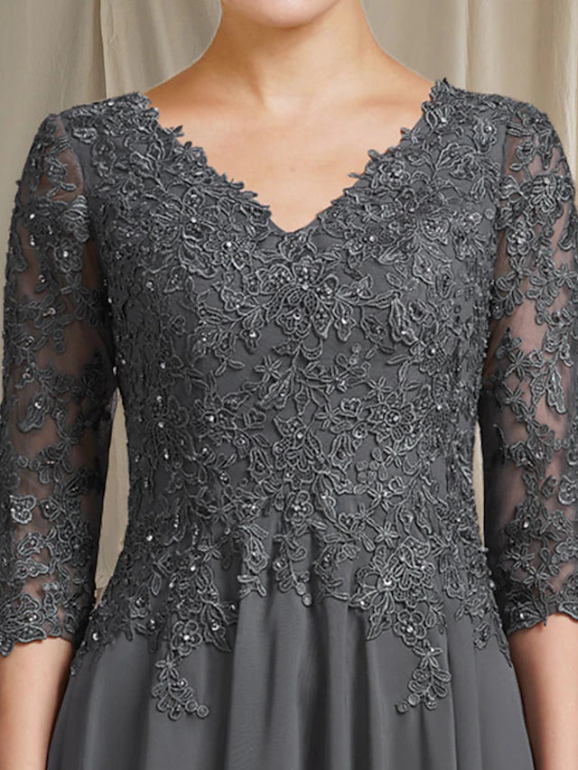 A-Line Mother of the Bride Dress Plus Size Elegant V Neck Tea Length Chiffon Lace 3/4 Length Sleeve