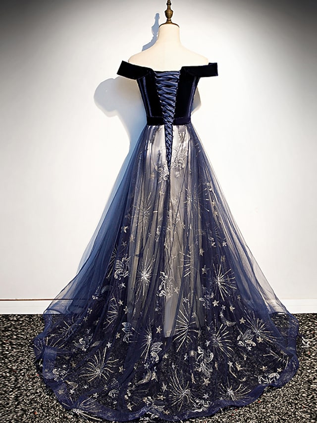 A-Line Elegant Floral Prom Formal Evening Dress Off Shoulder Short Sleeve Sweep / Brush Train Tulle with Pleats