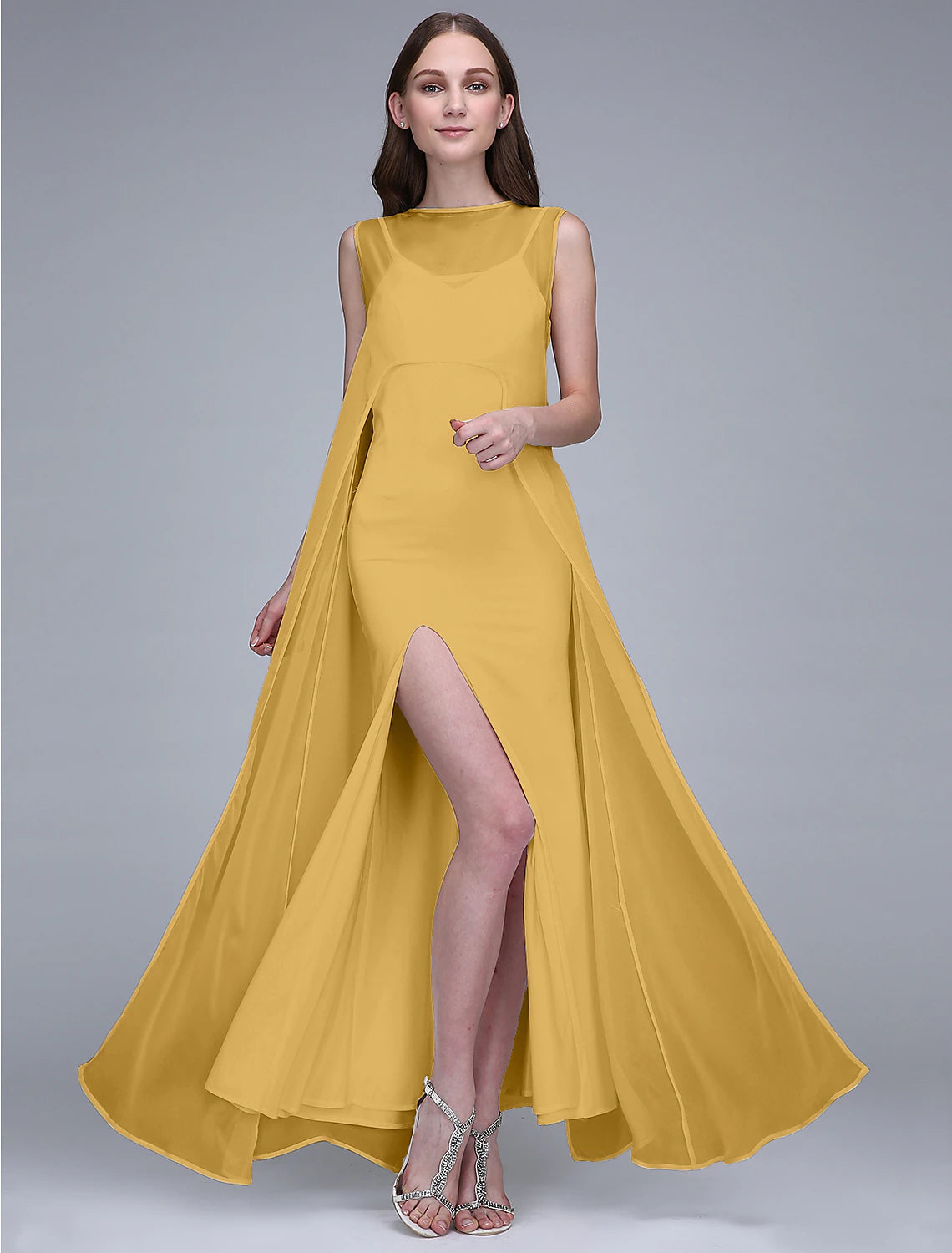 Sheath / Column Bridesmaid Dress Bateau Neck Sleeveless Open Back Ankle Length Chiffon with Split Front