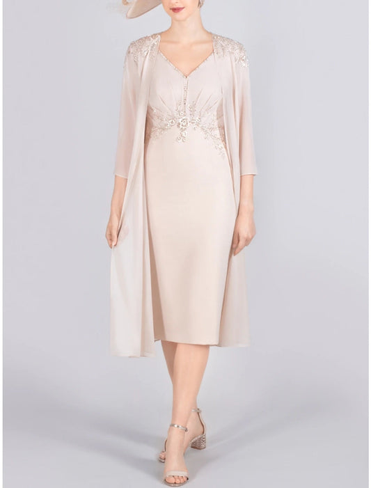 Two Piece Mother of the Bride Dress Wedding Guest Elegant Petite V Neck Knee Length Chiffon 3/4 Length Sleeve with Beading Appliques
