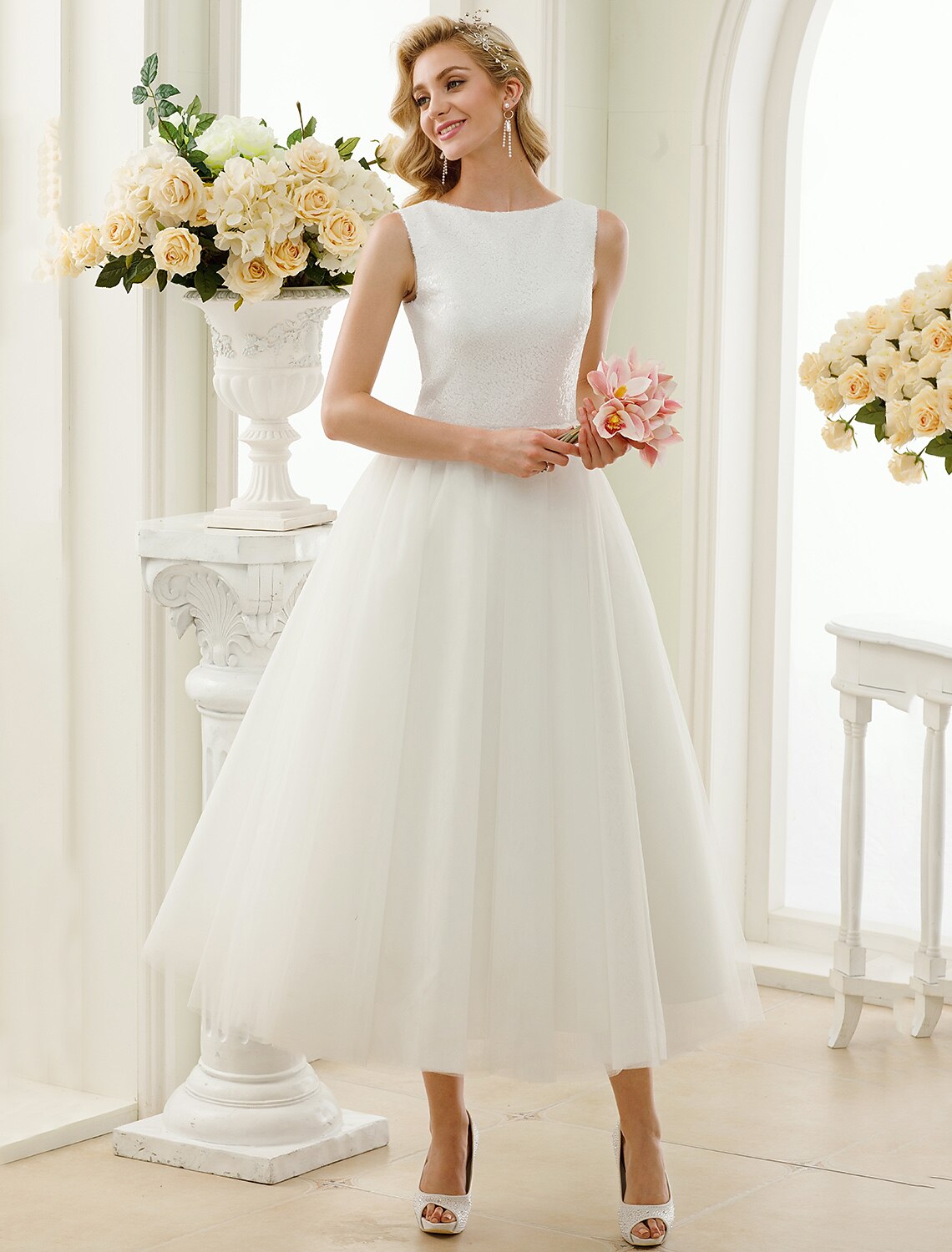 Reception Sparkle & Shine Little White Dresses Wedding Dresses A-Line Scoop Neck Sleeveless Tea Length Tulle Bridal Gowns With Lace