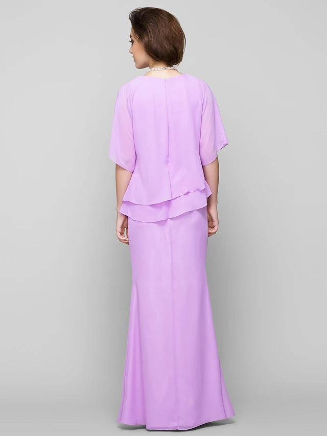 Mermaid / Trumpet Mother of the Bride Dress Elegant Scoop Neck Floor Length Chiffon Half Sleeve