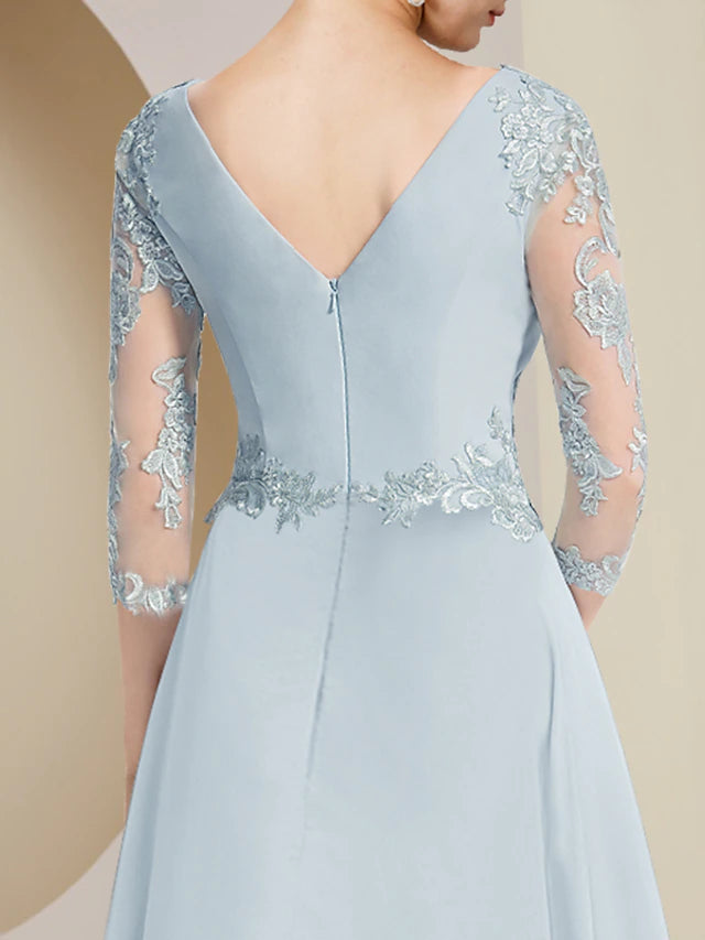 A-Line Mother of the Bride Dress Party Elegant V Neck Asymmetrical Lace Stretch Chiffon 3/4 Length Sleeve with Pleats
