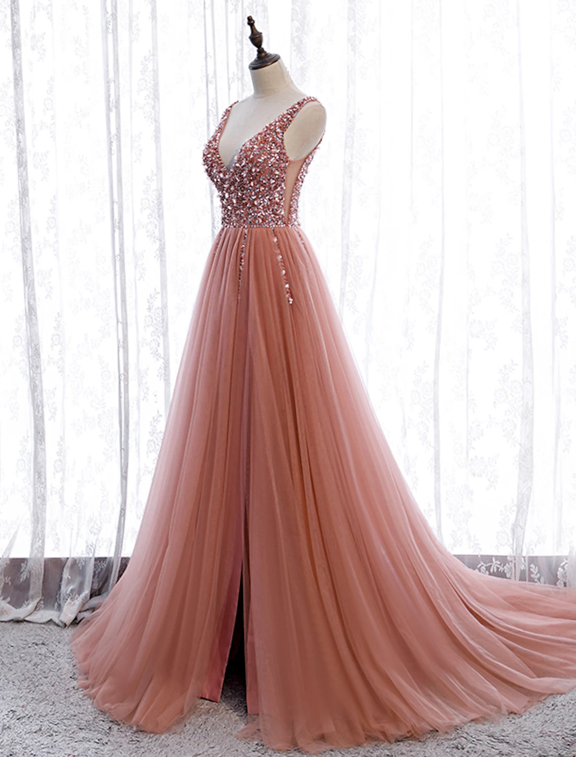 A-Line Prom Dresses Elegant Dress Party Wear Court Train Sleeveless V Neck Polyester with Pearls