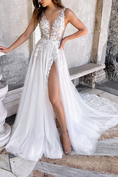 Attractive Illusion Deep V Neck Lace Appliques Boho Wedding Dress with Slit Sexy