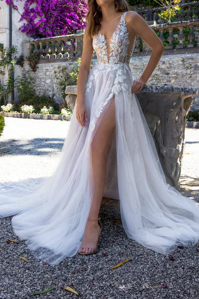 Attractive Illusion Deep V Neck Lace Appliques Boho Wedding Dress with Slit Sexy