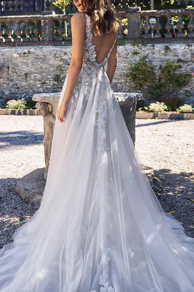 Attractive Illusion Deep V Neck Lace Appliques Boho Wedding Dress with Slit Sexy
