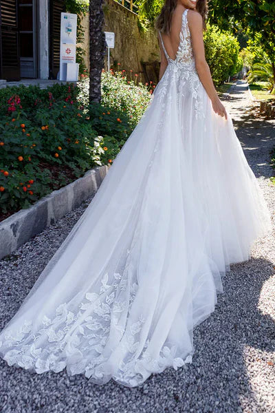 Attractive Illusion Deep V Neck Lace Appliques Boho Wedding Dress with Slit Sexy