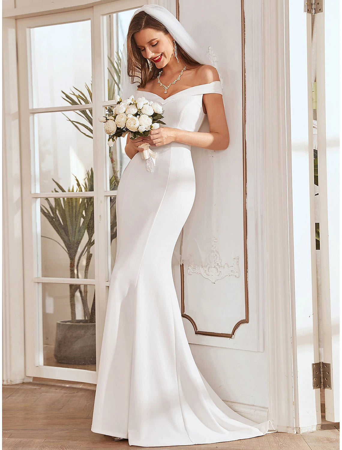 Reception Casual Wedding Dresses Mermaid / Trumpet Off Shoulder Cap Sleeve Sweep / Brush Train Stretch Fabric Bridal Gowns With Pleats