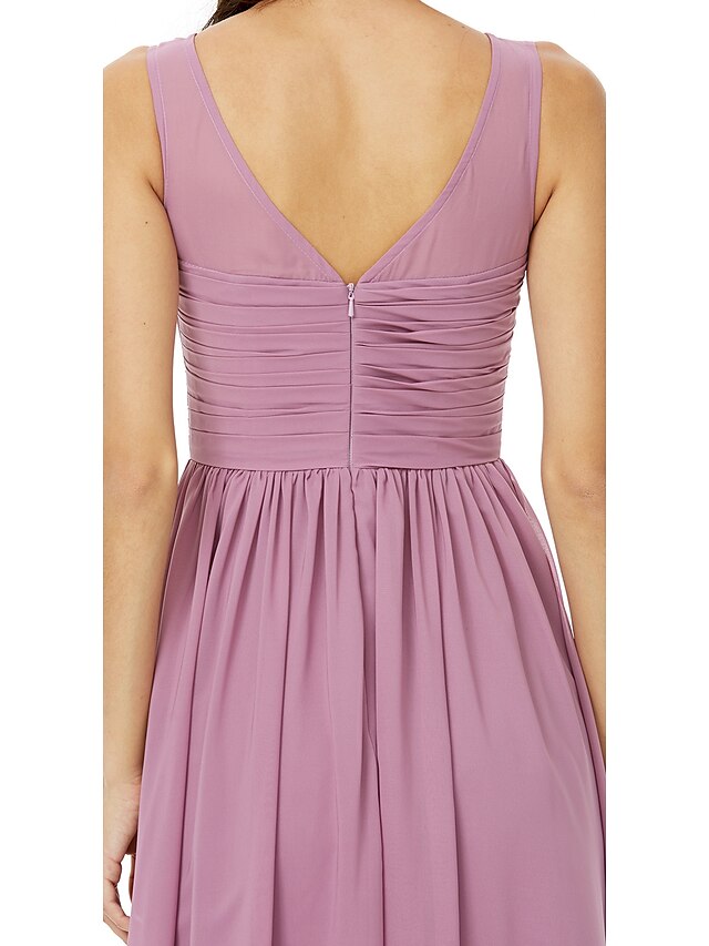 A-Line Bridesmaid Dress Jewel Neck Sleeveless Open Back Floor Length Chiffon with Sash / Ribbon / Pleats