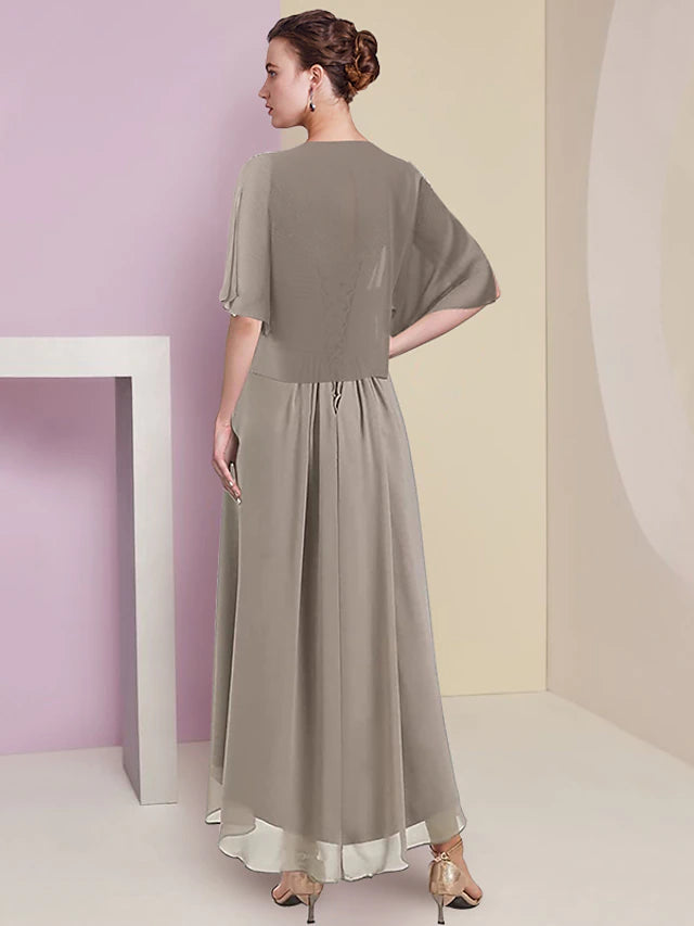 Two Piece A-Line Mother of the Bride Dress Formal Wedding Guest Elegant High Low V Neck Asymmetrical Tea Length Chiffon Lace Half Sleeve Wrap Included with Ruched