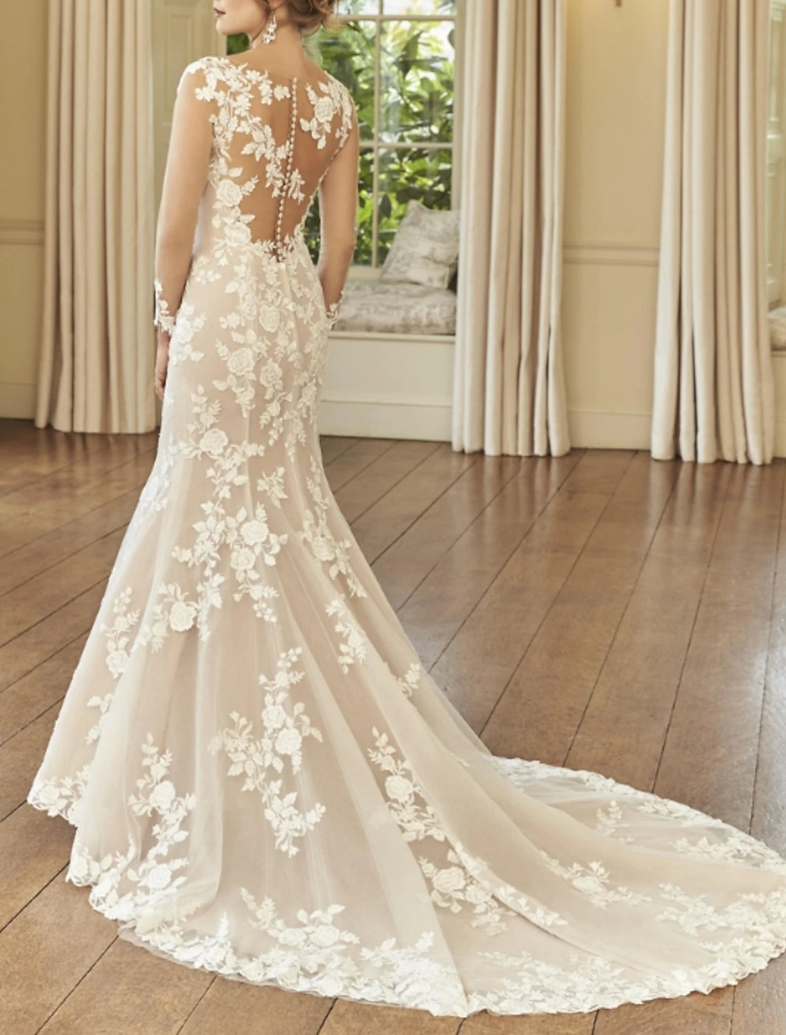 Engagement Formal Wedding Dresses Mermaid / Trumpet Illusion Neck Long Sleeve Court Train Lace Bridal Gowns