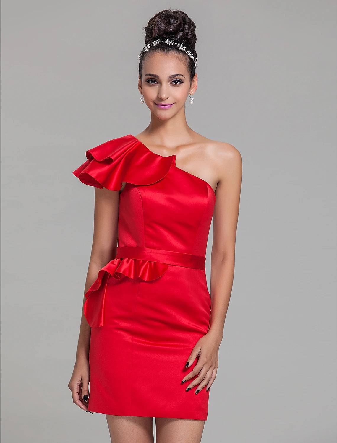 Sheath / Column One Shoulder Short / Mini Satin Bridesmaid Dress with Sash / Ribbon