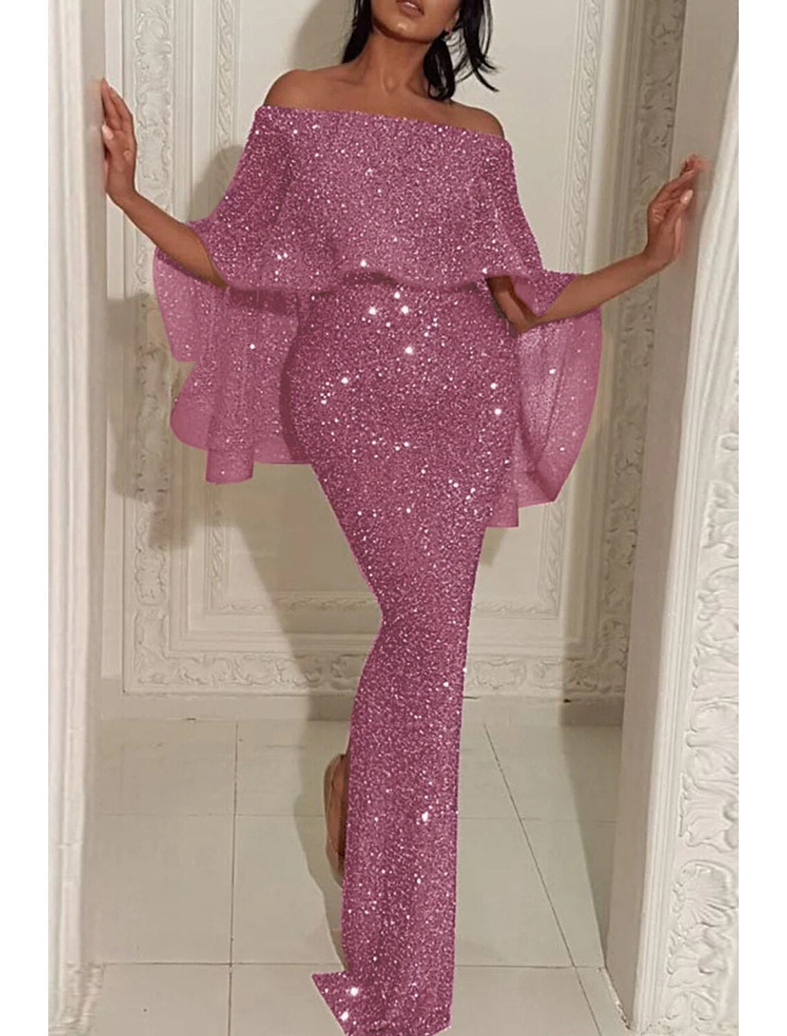Mermaid / Trumpet Evening Gown Sparkle & Shine Dress Formal Wedding Guest Sweep / Brush Train Sleeveless Off Shoulder Capes Sequined