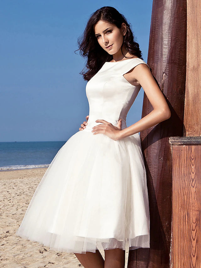 Beach Little White Dresses Wedding Dresses Knee Length A-Line Cap Sleeve Bateau Neck Satin