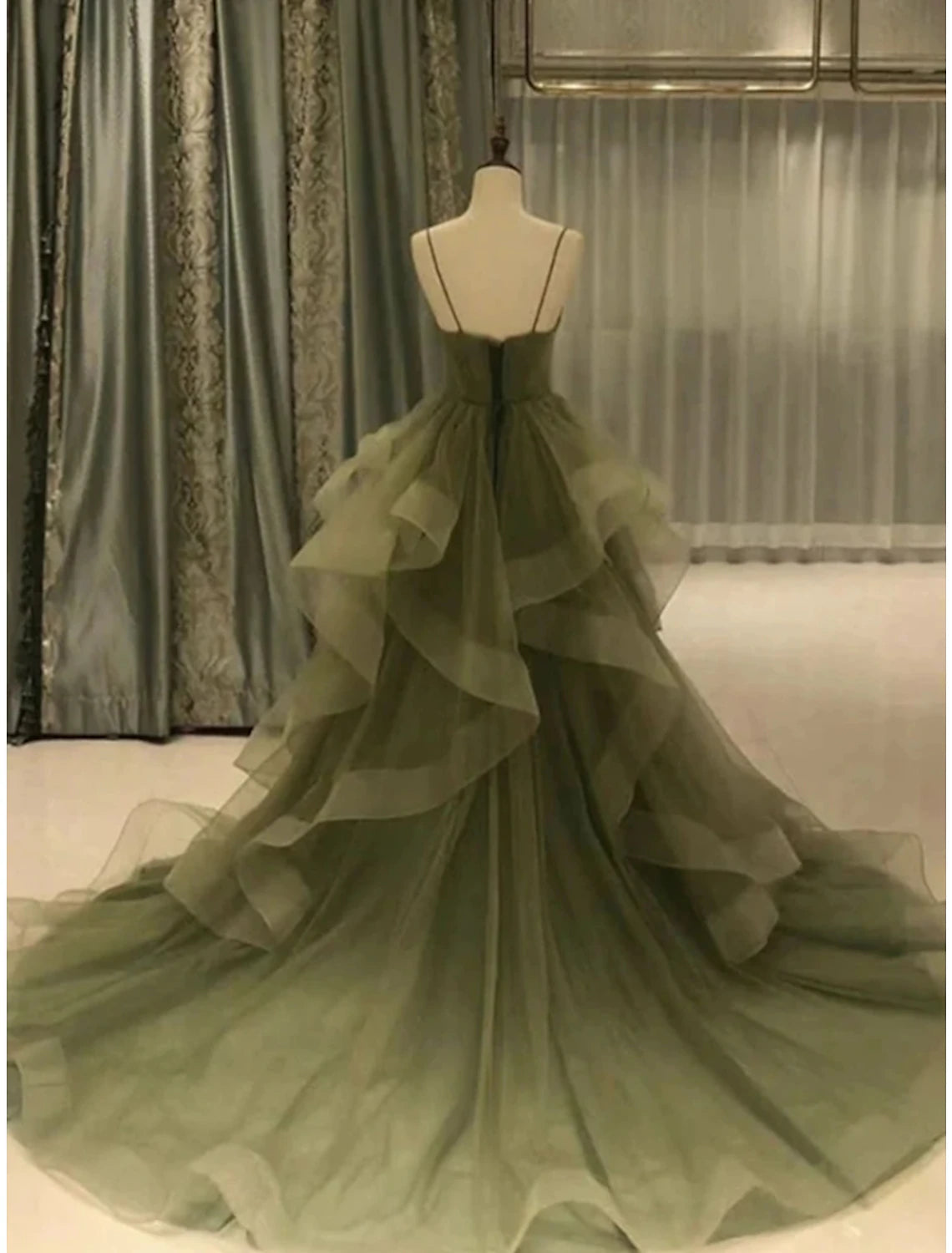A-Line Prom Dresses Elegant Dress Formal Court Train Christmas Red Green Dress Sleeveless Spaghetti Strap Tulle with Pleats