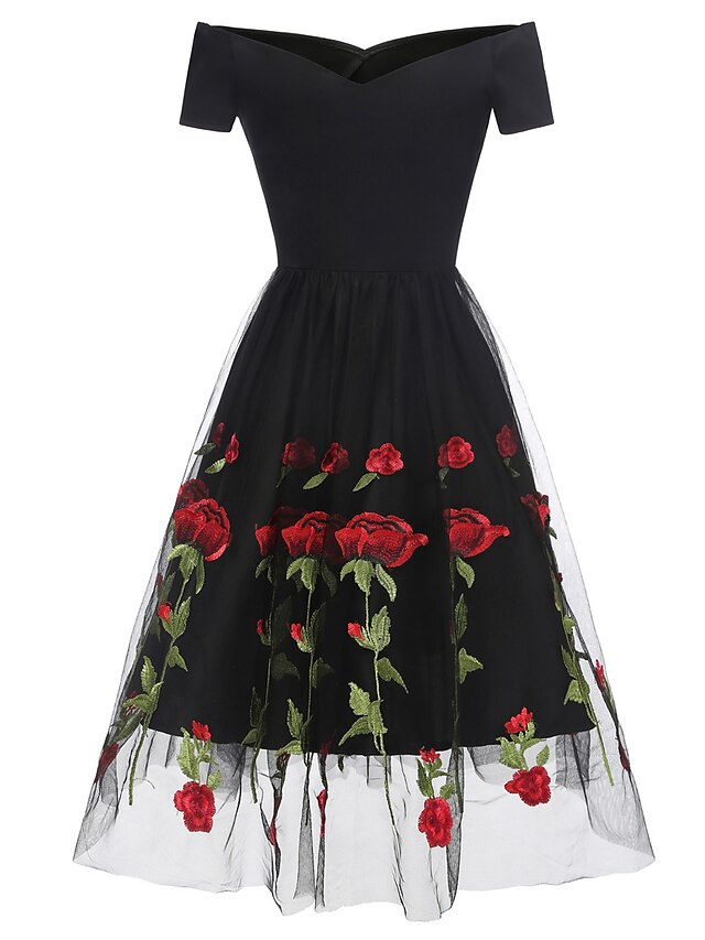 A-Line/Princess Off-The-Shoulder Knee Length Short Sleeves Party Dresses With Embroidery Appliques Beautiful