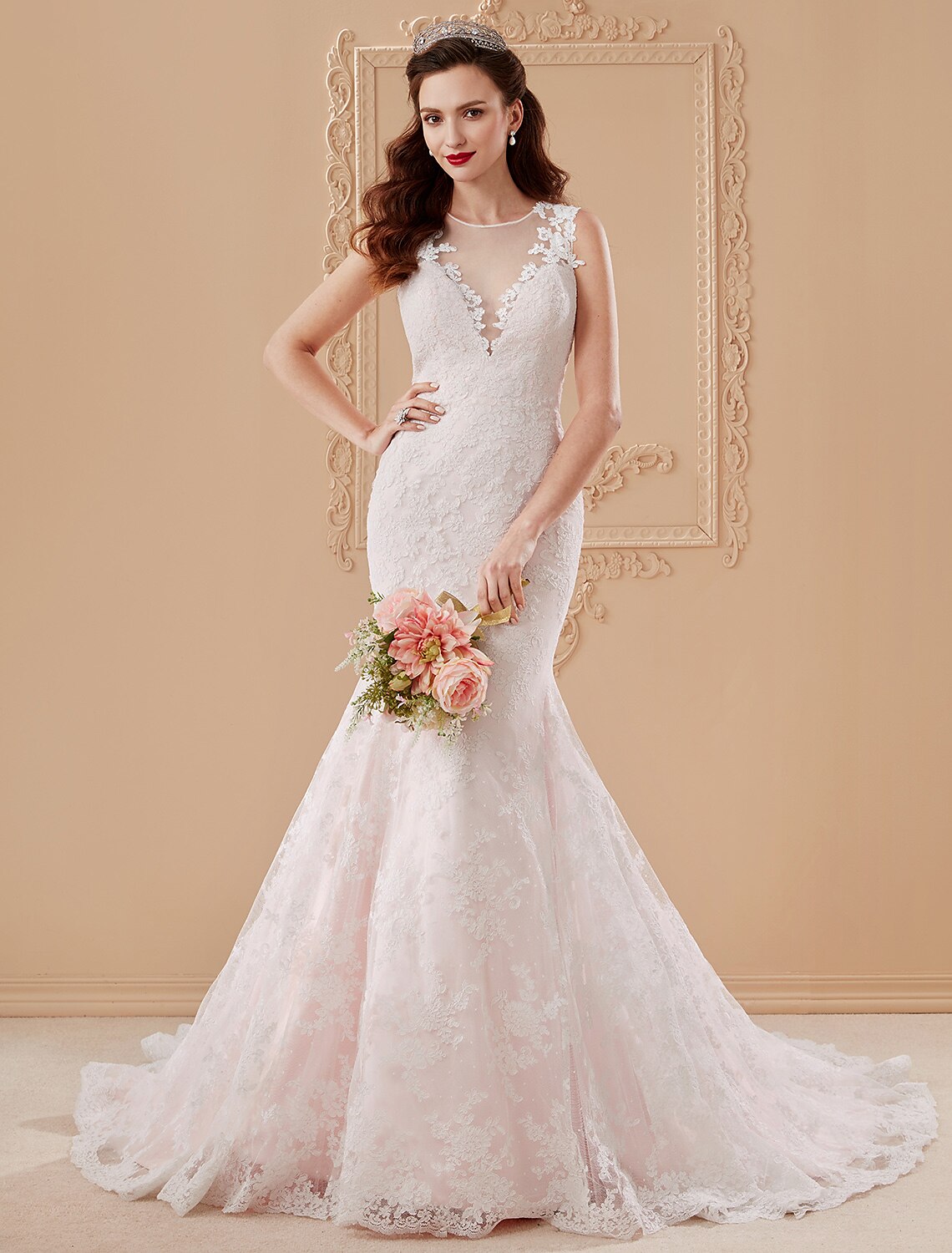 Mermaid / Trumpet Plunging Neckline Court Train Lace Tulle Wedding Dress