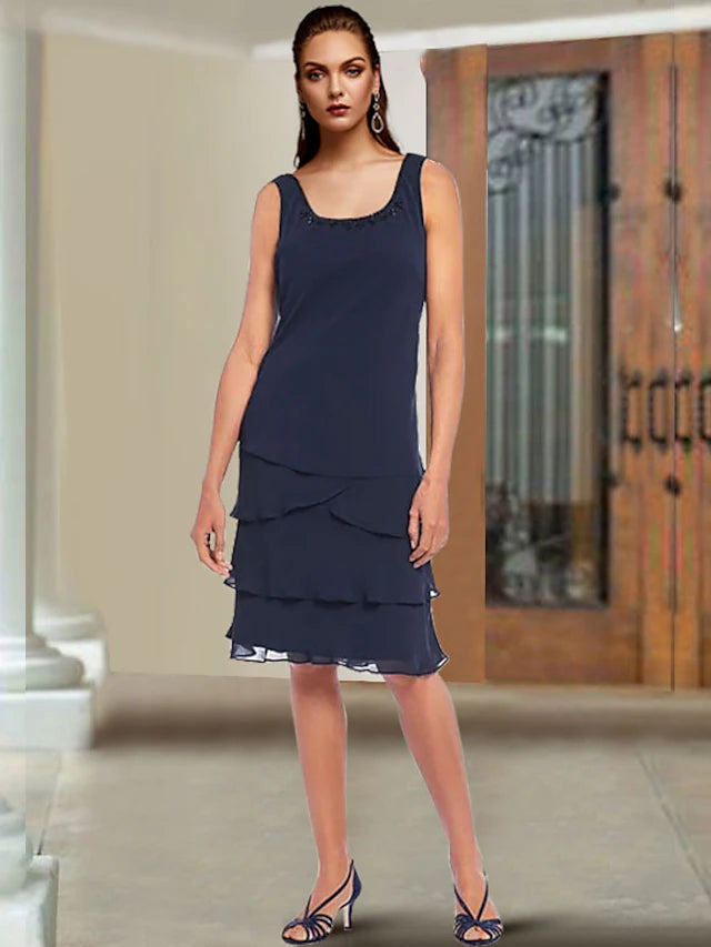 Two Piece Sheath / Column Mother of the Bride Dress Elegant Scoop Neck Knee Length Chiffon Lace Sleeveless Wrap Included with Beading