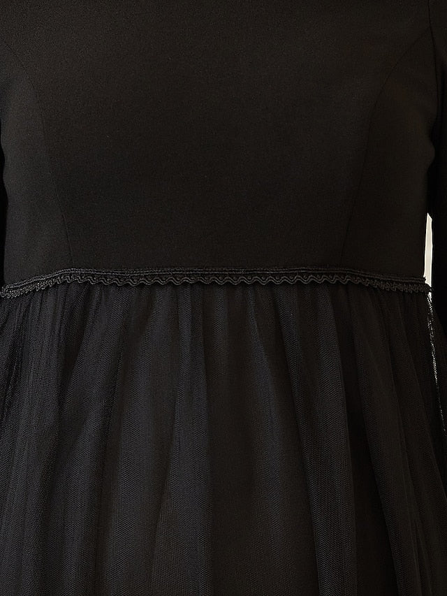 A-Line Mother of the Bride Dress Maternity Elegant Off Shoulder Floor Length Tulle Long Sleeve with Tier Black