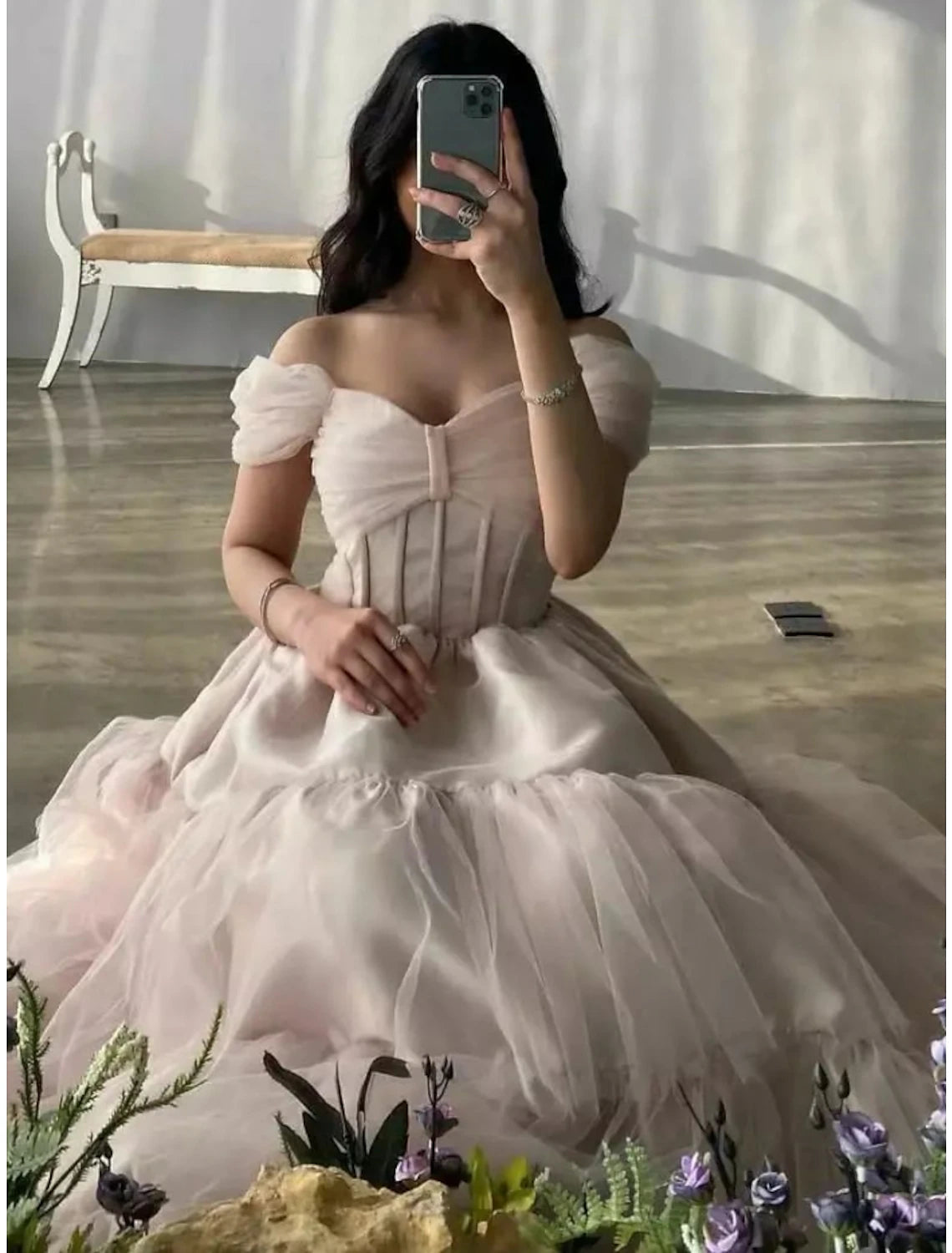 A-Line Evening Gown Princess Dress Formal Floor Length Short Sleeve Off Shoulder Satin