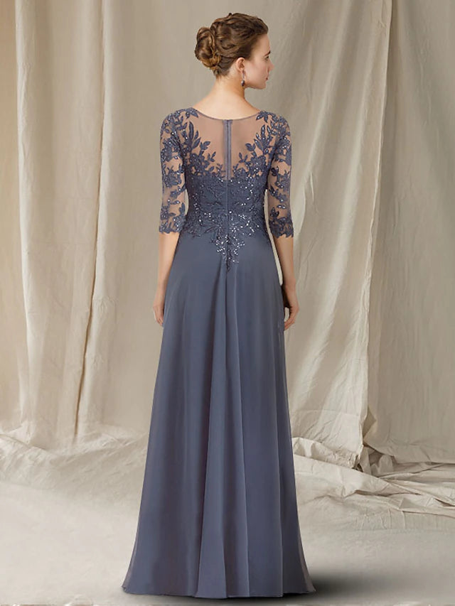 A-Line Mother of the Bride Dress Elegant V Neck Floor Length Chiffon Lace Sequined Half Sleeve