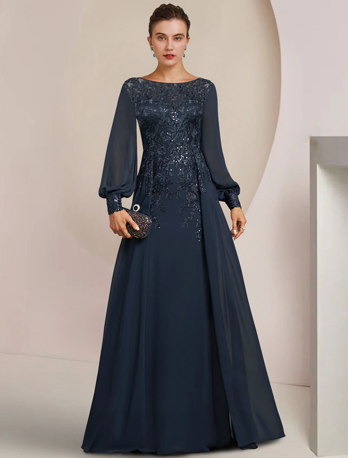 XIAOPINWU DRESS Sheath / Column Mother of the Bride Dress Formal Wedding Guest Elegant Scoop Neck Floor Length Chiffon Lace Long Sleeve