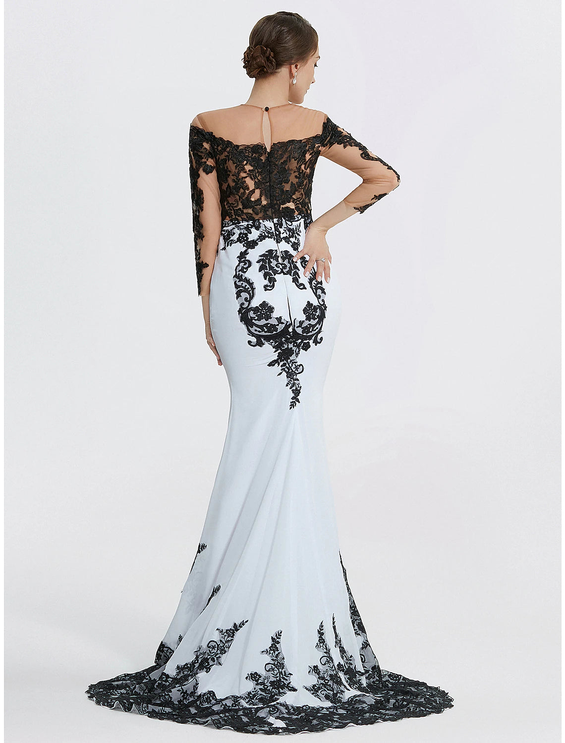 Mermaid Evening Gown Elegant Black Dress Masquerade Black Tie Colorblock Sweep / Brush Train Long Sleeve Jewel Neck Chiffon