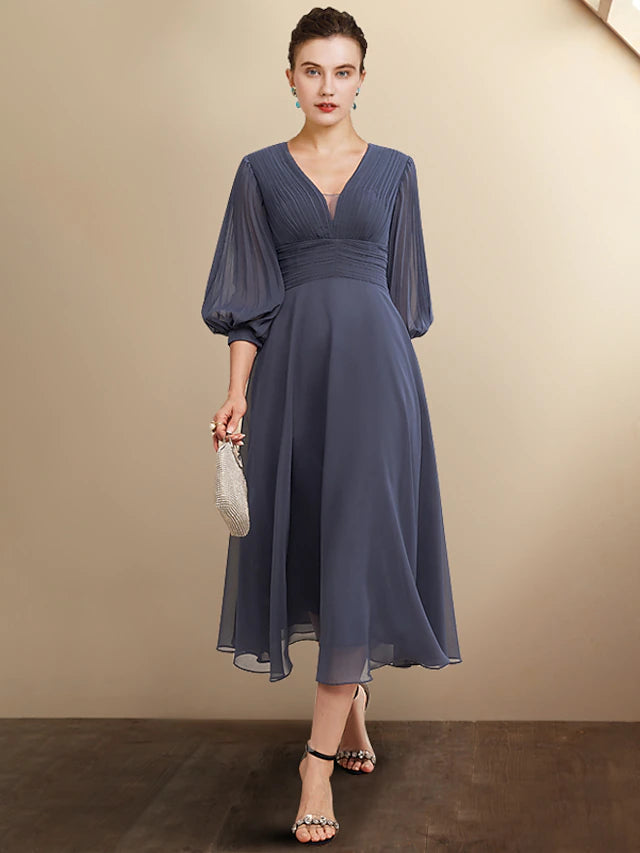 A-Line Mother of the Bride Dress Plus Size Elegant V Neck Tea Length Chiffon 3/4 Length Sleeve