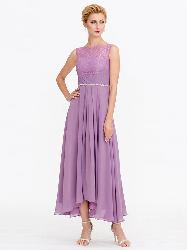 Two Piece Ball Gown A-Line Mother of the Bride Dress Formal Church Convertible Dress High Low See Through Illusion Neck Asymmetrical Chiffon Lace 3/4 Length Sleeve