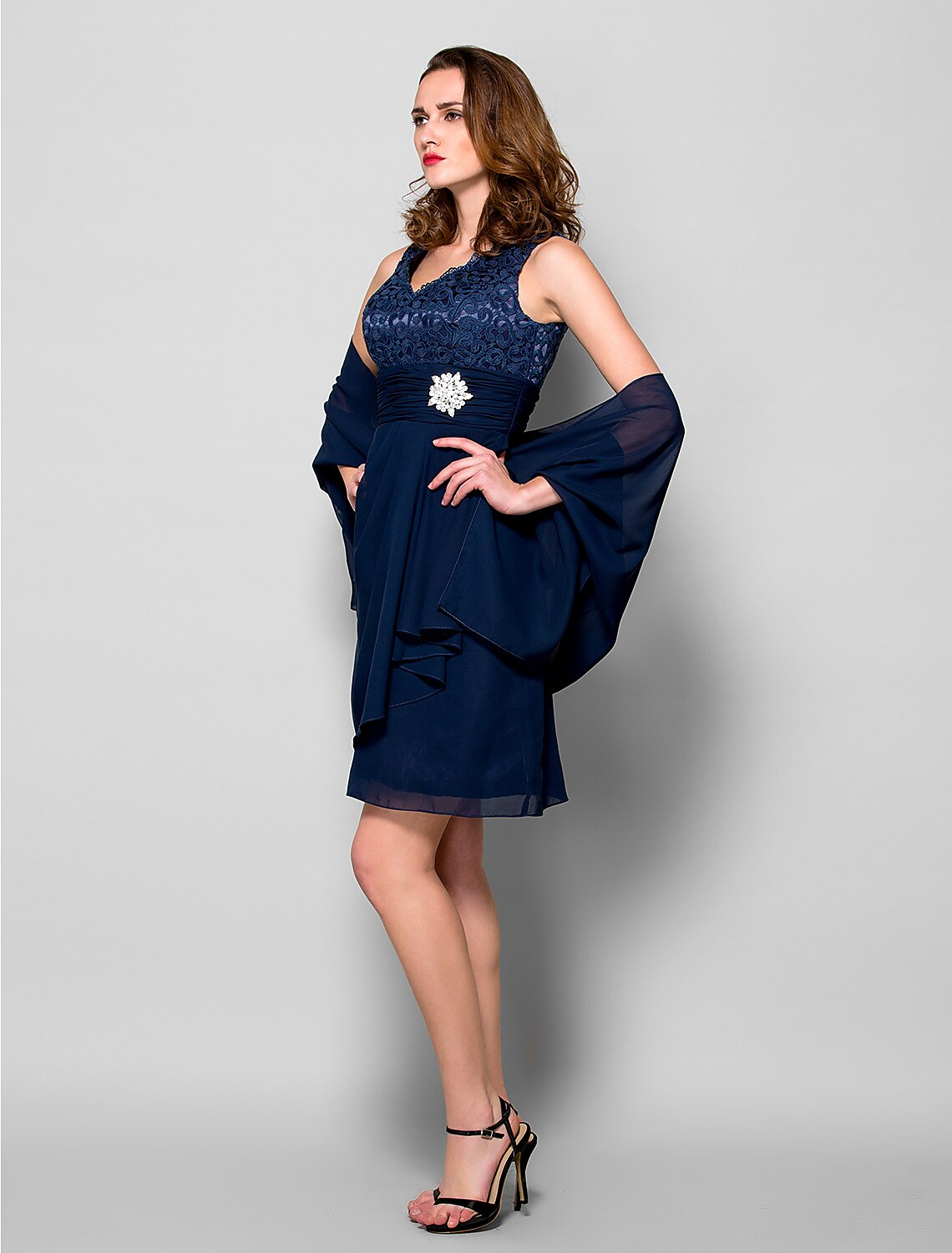 A-Line Mother of the Bride Dress Wrap Included V Neck Knee Length Chiffon Lace Bodice Sleeveless with Lace Ruched Crystal