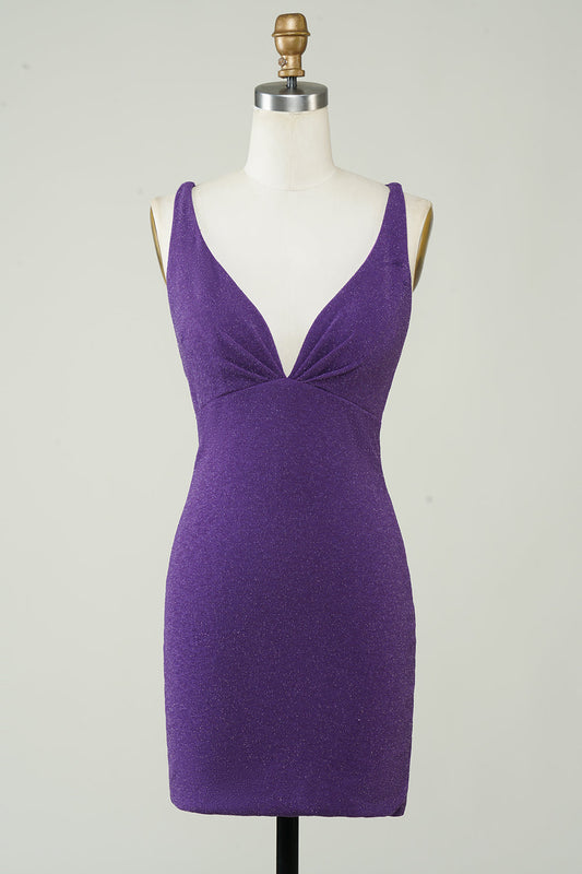 Tight Dark Purple Short Homecoming Dress With Criss Cross Back V-neck