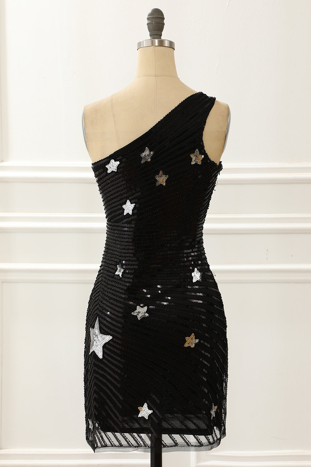 Black One Shoulder Sequin Cocktail Dress With Stars Short Sexy