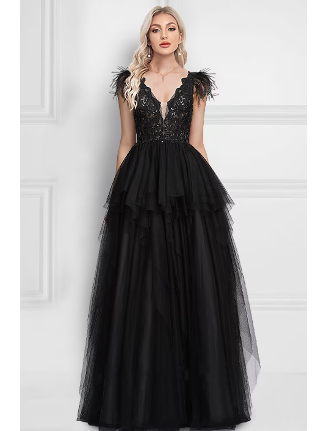 A-Line Prom Dresses Black Dress Wedding Party Floor Length Sleeveless V Neck Tulle