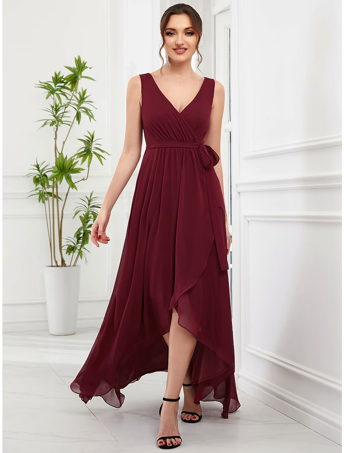 A-Line Wedding Guest Dresses Elegant Dress Party Wear Asymmetrical Sleeveless V Neck Chiffon with Ruffles