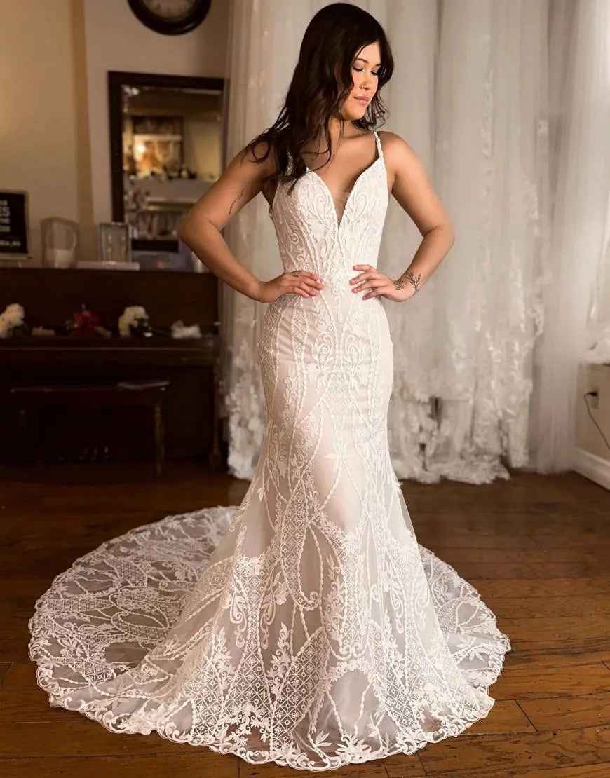Mermaid V Neck Spaghetti Straps Train Lace Wedding Dress Sexy Long