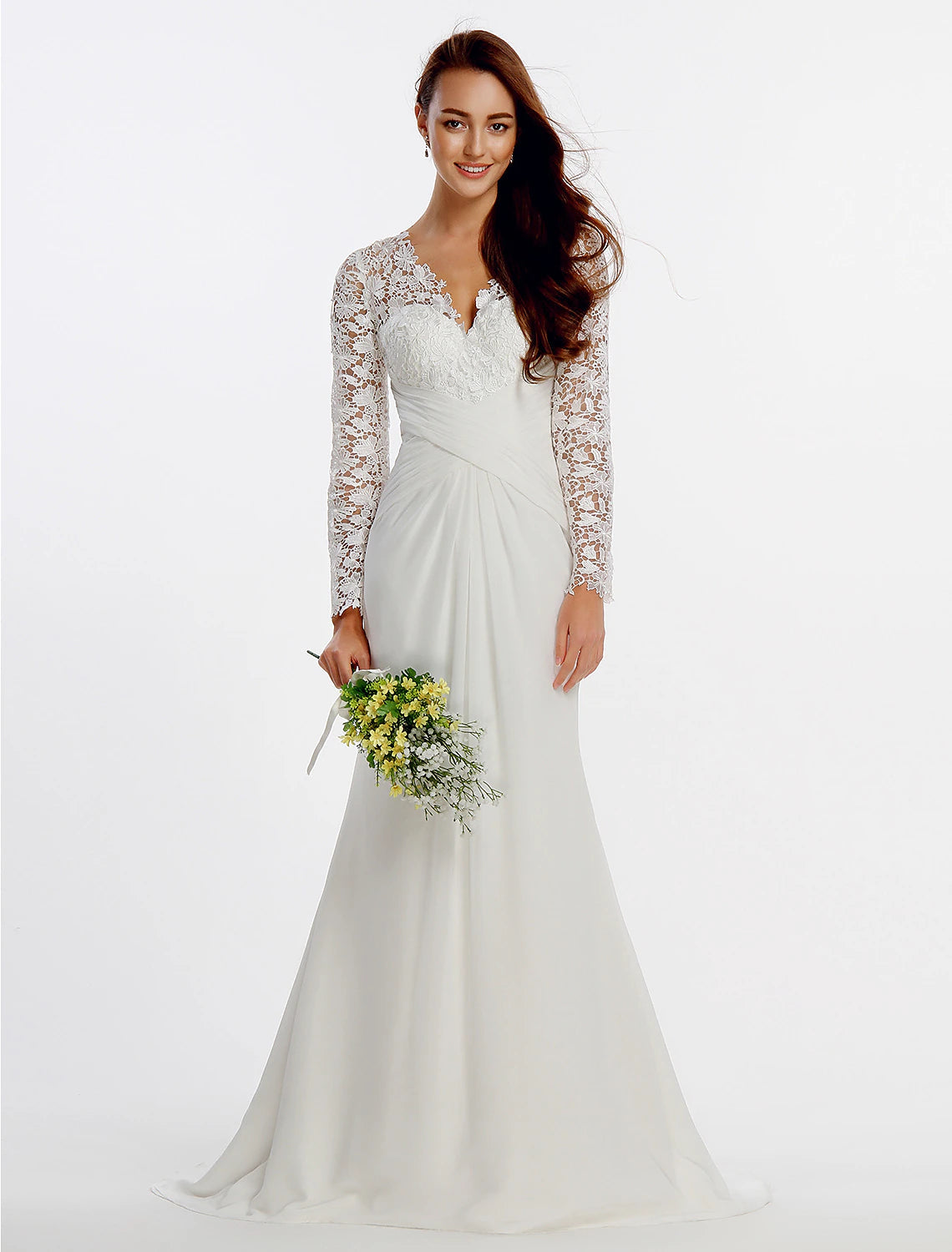 Beach Boho Wedding Dresses Sheath / Column V Neck Long Sleeve Sweep / Brush Train Chiffon Bridal Gowns With Lace