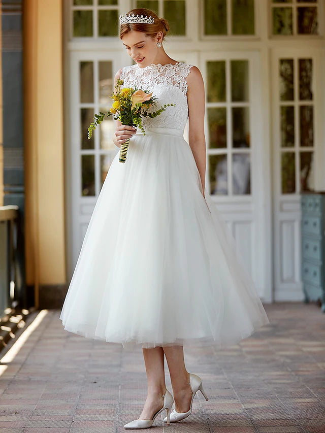 Little White Dresses Wedding Dresses Tea Length A-Line Sleeveless Illusion Neck Lace With Sashes / Ribbons